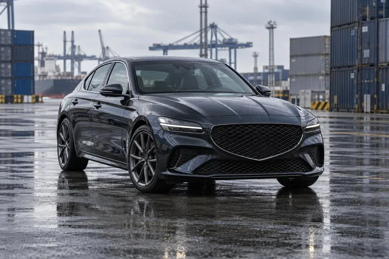 Рестайлинговый Genesis G70 стоит на площадке перед отправкой, рядом видны элементы портовой инфраструктуры. Машина показана как премиальный седан для ввоза из Южной Кореи.