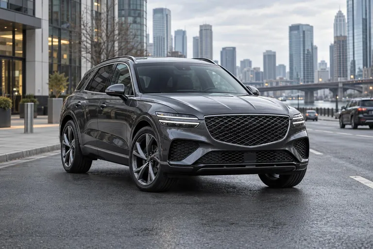Genesis GV70 на городской дороге в пасмурную погоду, премиальный кроссовер показан спереди под углом. Сцена передает выбор автомобиля для покупки и ввоза под ключ.