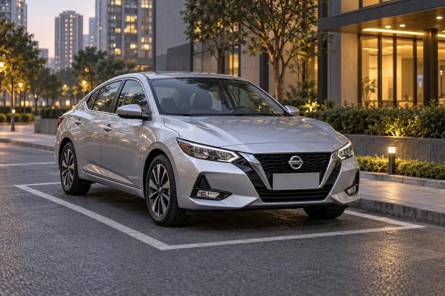 Седан Nissan Sylphy на городской улице в вечернем свете. Автомобиль показан спереди под углом, рядом видна современная городская среда.