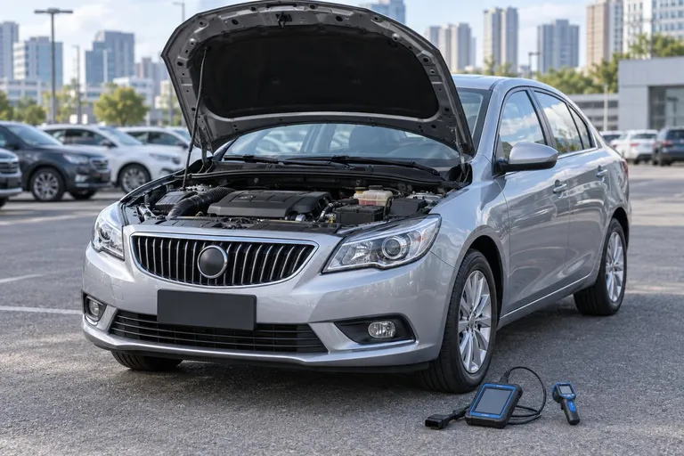 Buick Excelle на городской парковке перед осмотром перед покупкой. Рядом видны открытый капот и диагностическое оборудование без людей в кадре.