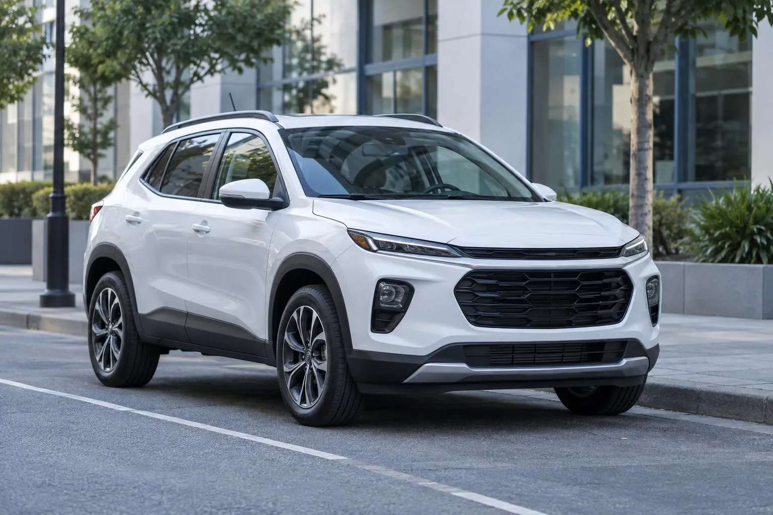 Chevrolet Trax на городской парковке у современного здания. Компактный кроссовер показан в спокойной реальной сцене, подходящей для статьи о выборе и привозе автомобиля.