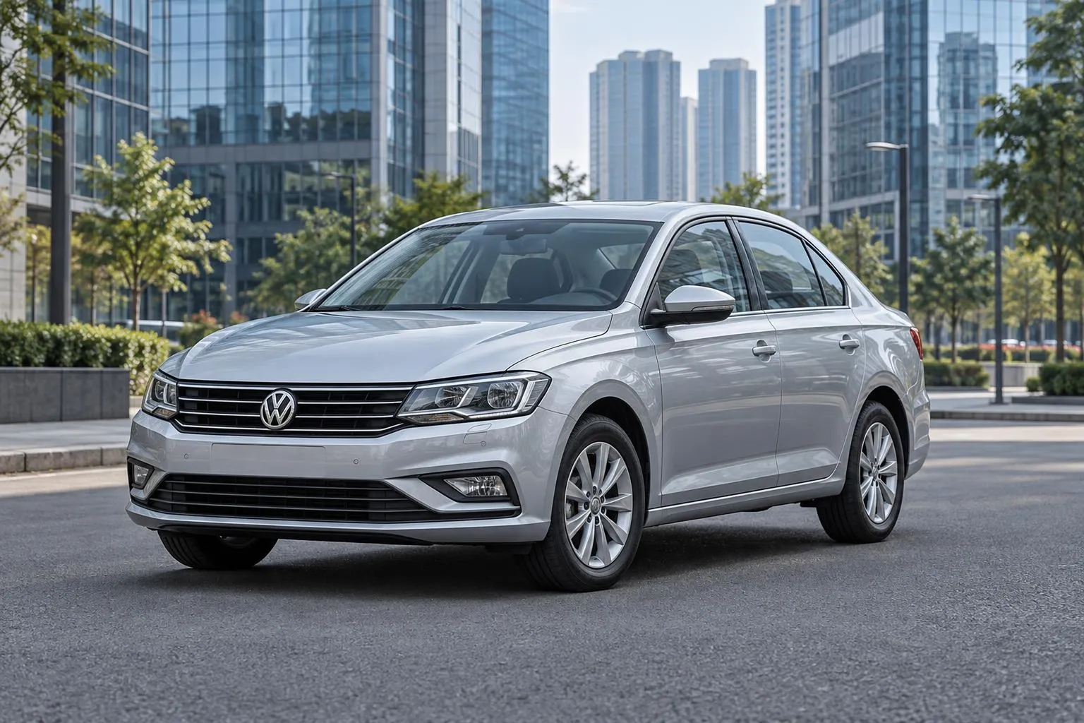 Volkswagen Lavida на городской улице рядом с современными зданиями. Кадр подчёркивает формат практичного седана для ежедневной эксплуатации.