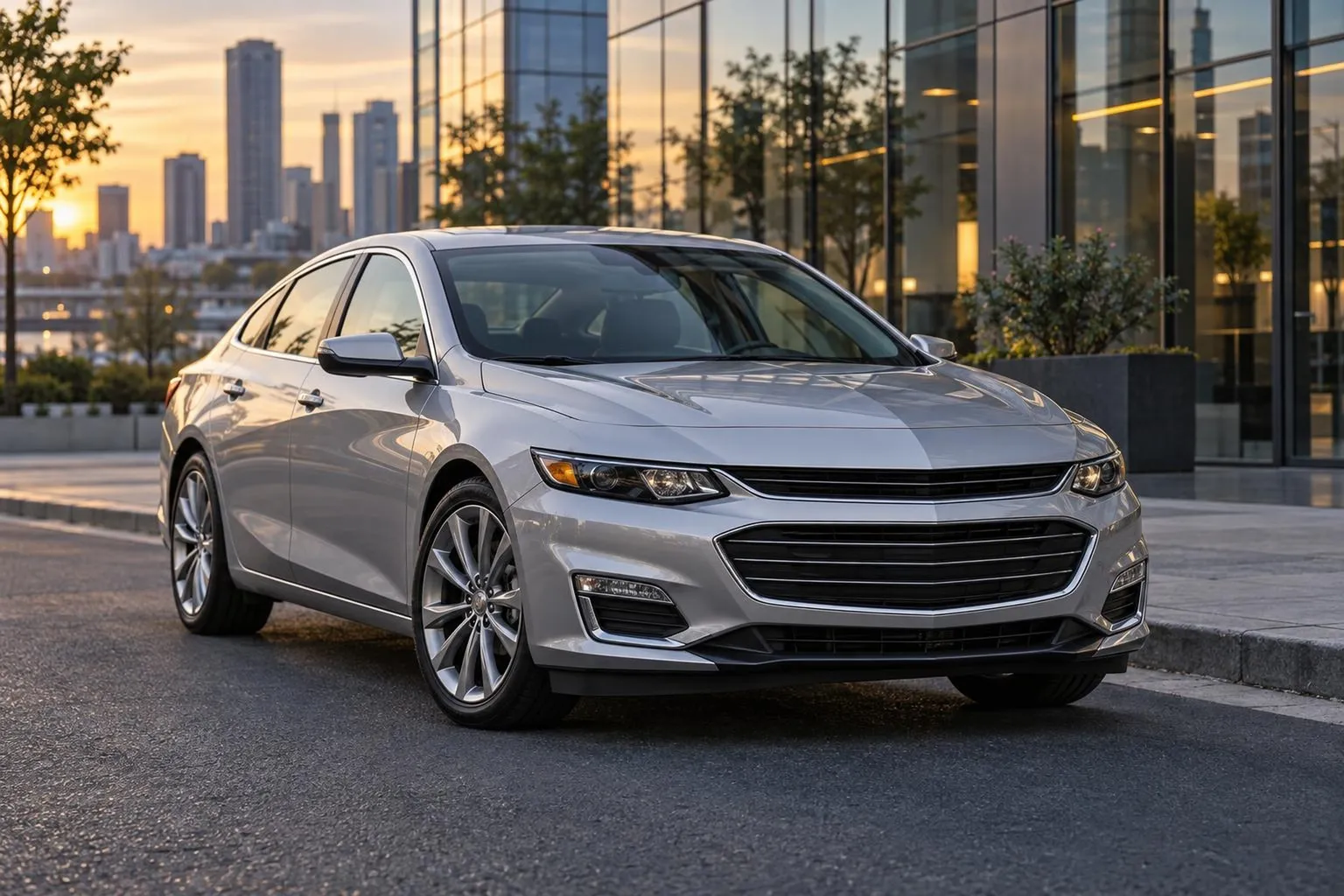 Седан Chevrolet Malibu на городской дороге в вечернем свете. Кадр подчеркивает практичный формат автомобиля для выбора и привоза под ключ.
