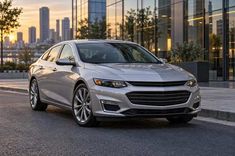 Седан Chevrolet Malibu на городской дороге в вечернем свете. Кадр подчеркивает практичный формат автомобиля для выбора и привоза под ключ.