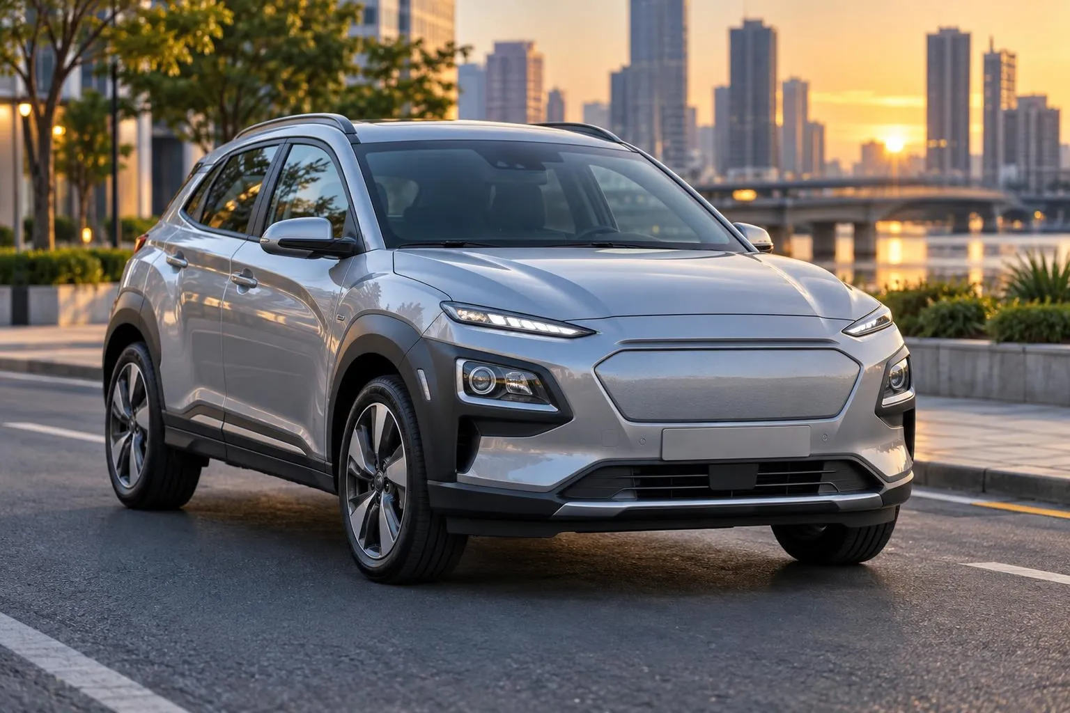 Компактный кроссовер Hyundai Kona на городской дороге в вечернем свете. Машина показана спереди в три четверти, без акцента на логотипы.