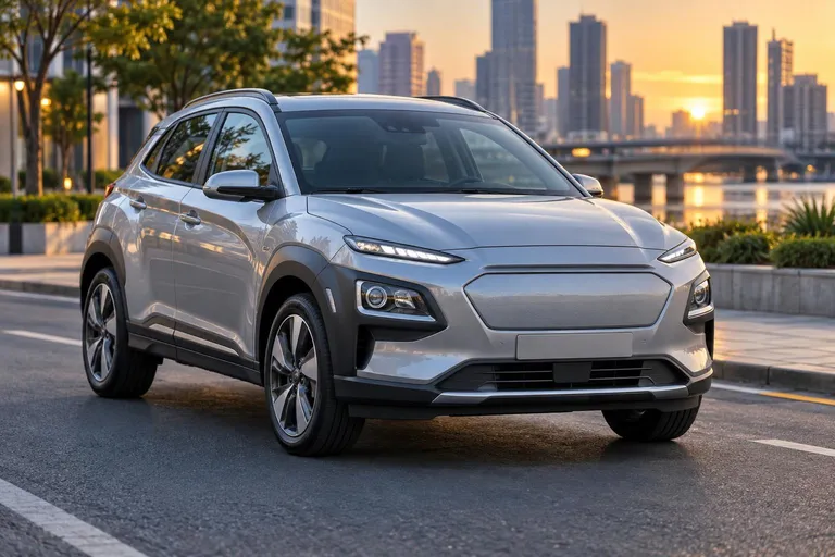 Компактный кроссовер Hyundai Kona на городской дороге в вечернем свете. Машина показана спереди в три четверти, без акцента на логотипы.