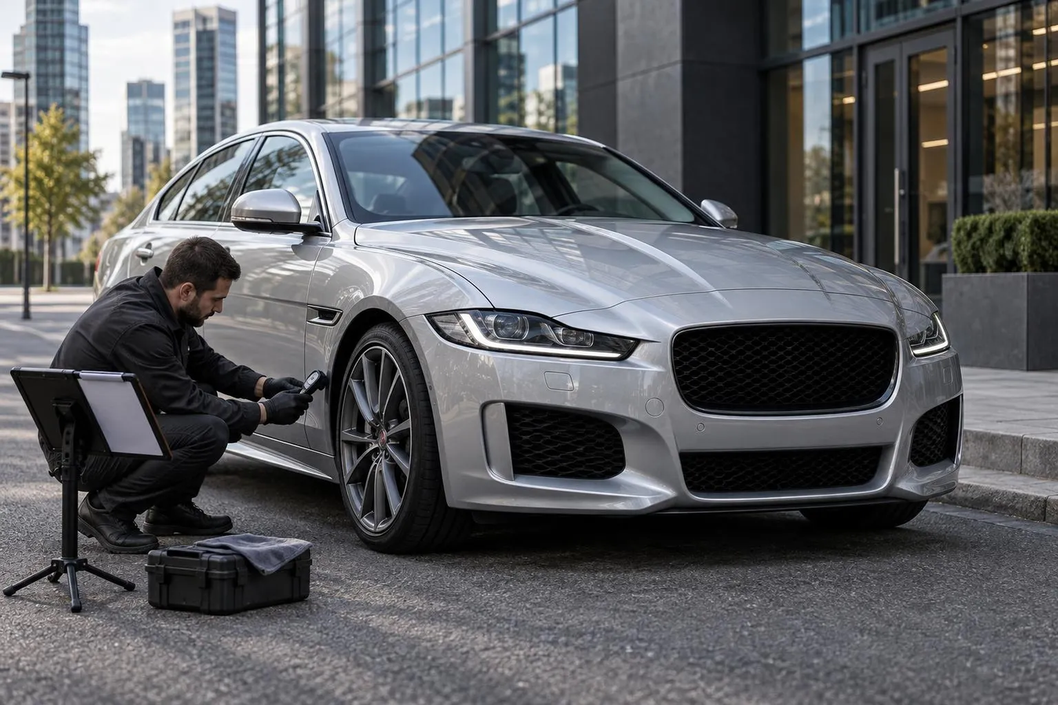 Седан Jaguar XE стоит на городской улице перед осмотром перед покупкой. Кадр подчёркивает тему проверки автомобиля и выбора премиального седана с пробегом.