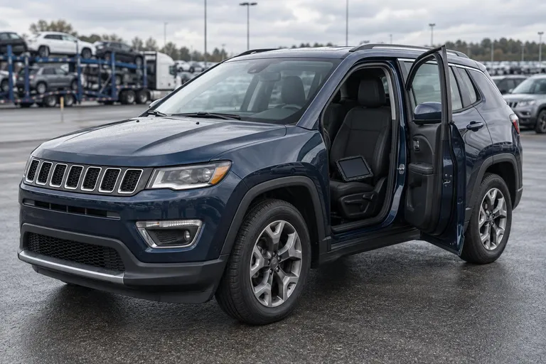 Jeep Compass стоит на площадке перед предпродажным осмотром, рядом видны диагностический планшет и открытая дверь салона. Сцена показывает проверку автомобиля перед покупкой.