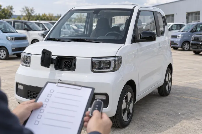 Компактный Wuling Hongguang Mini EV осматривают перед покупкой, сверяя состояние автомобиля по чек-листу.