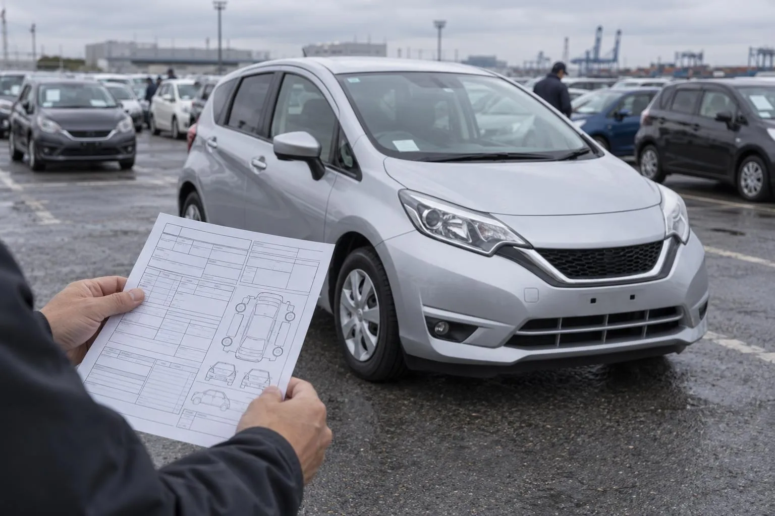 Покупатель проверяет аукционный лист рядом с Nissan Note на площадке японского автоаукциона.