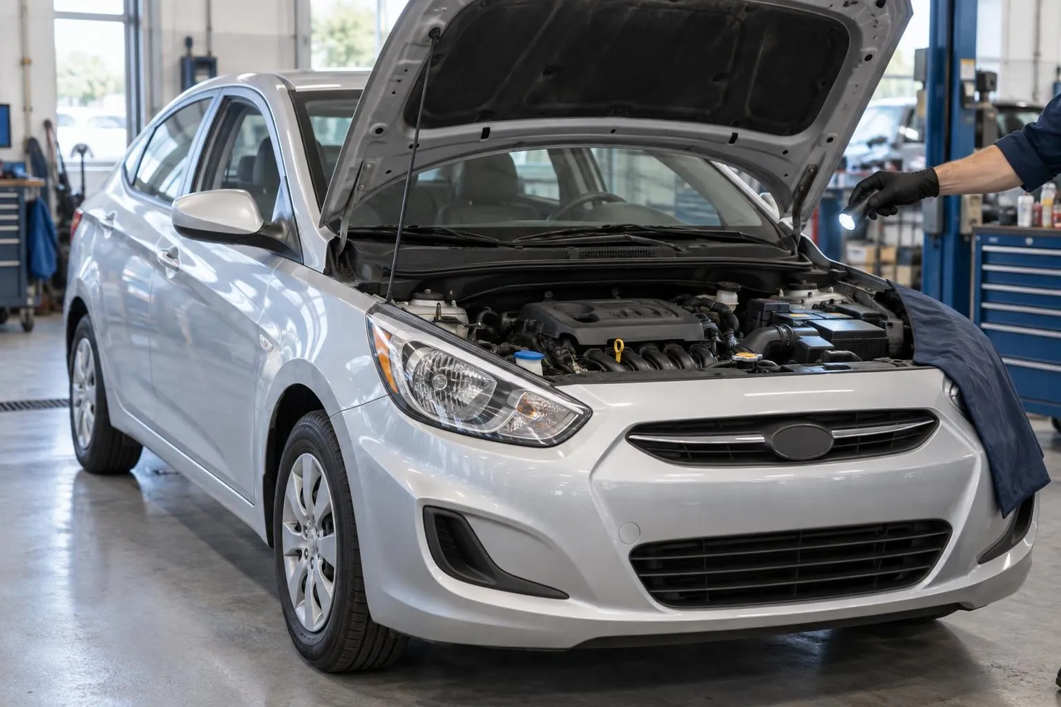 Подержанный Hyundai Accent осматривают в сервисе перед покупкой, проверяя моторный отсек с фонариком.