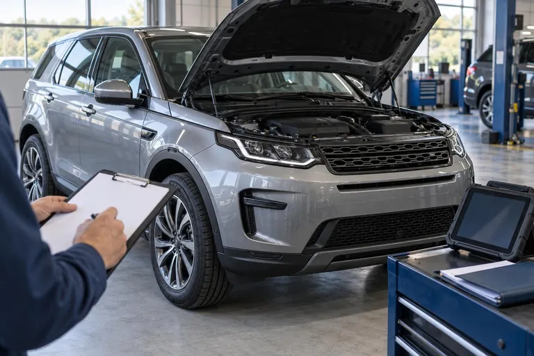 Кроссовер Discovery Sport на предпродажном осмотре с приоткрытым капотом, документами и диагностическим планшетом рядом.