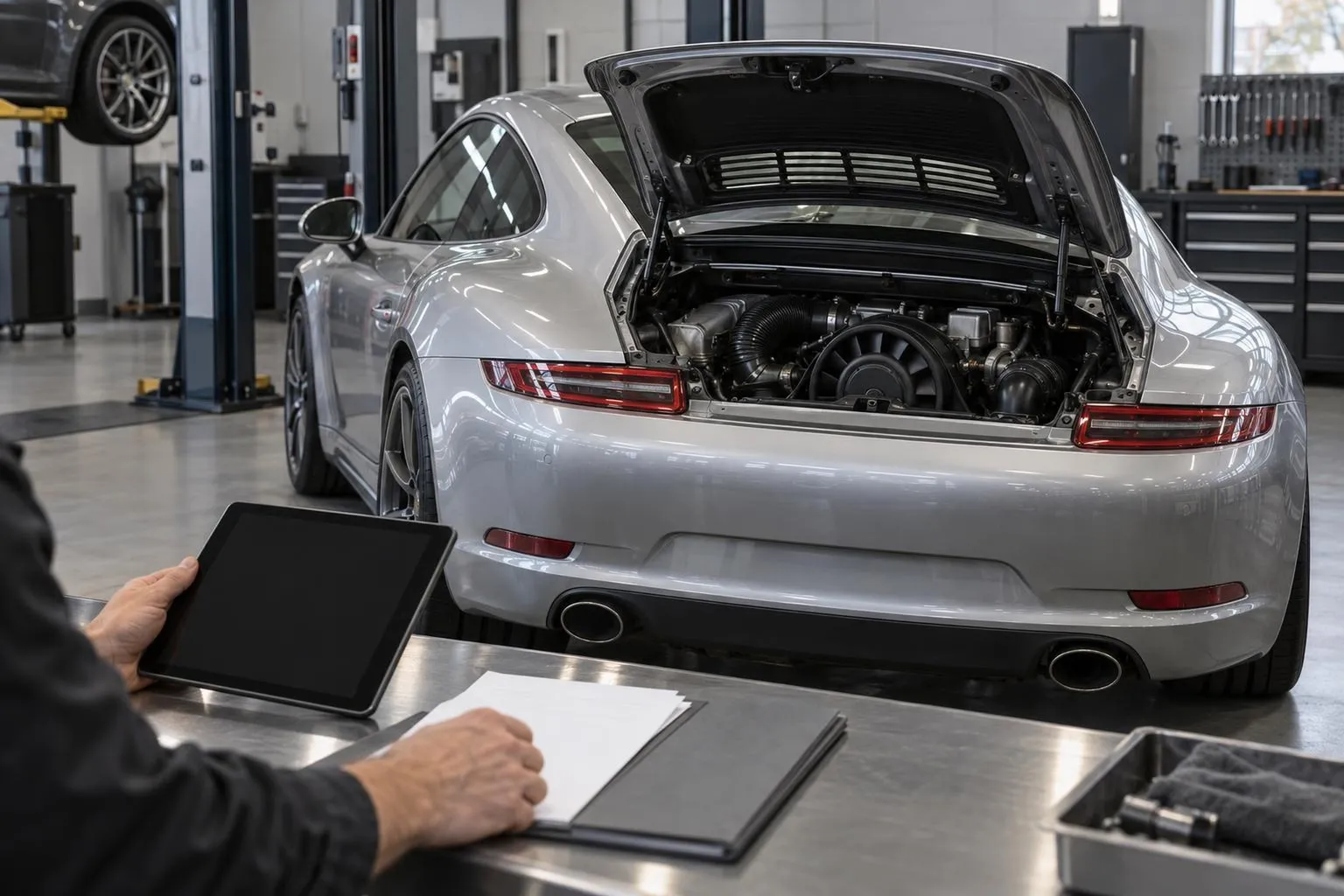 Porsche 911 с открытым моторным отсеком проверяют в сервисе перед выбором и покупкой.