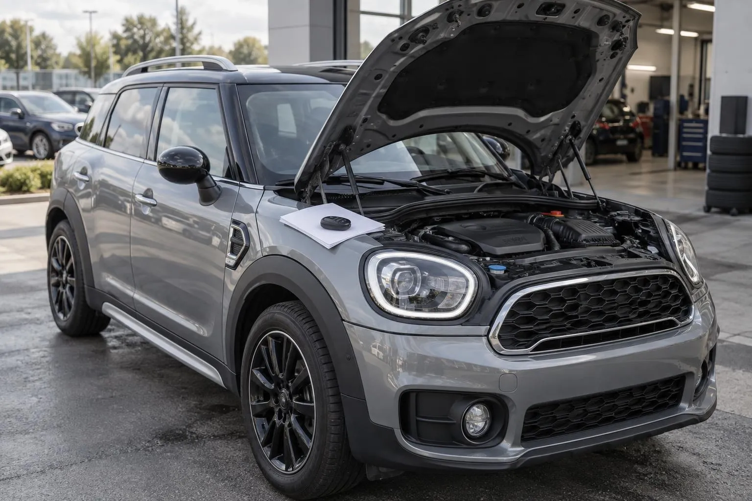 Mini Countryman стоит на осмотре перед покупкой с приоткрытым капотом, документами и ключом рядом.