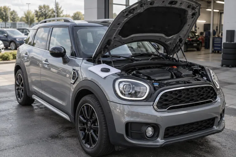 Mini Countryman стоит на осмотре перед покупкой с приоткрытым капотом, документами и ключом рядом.