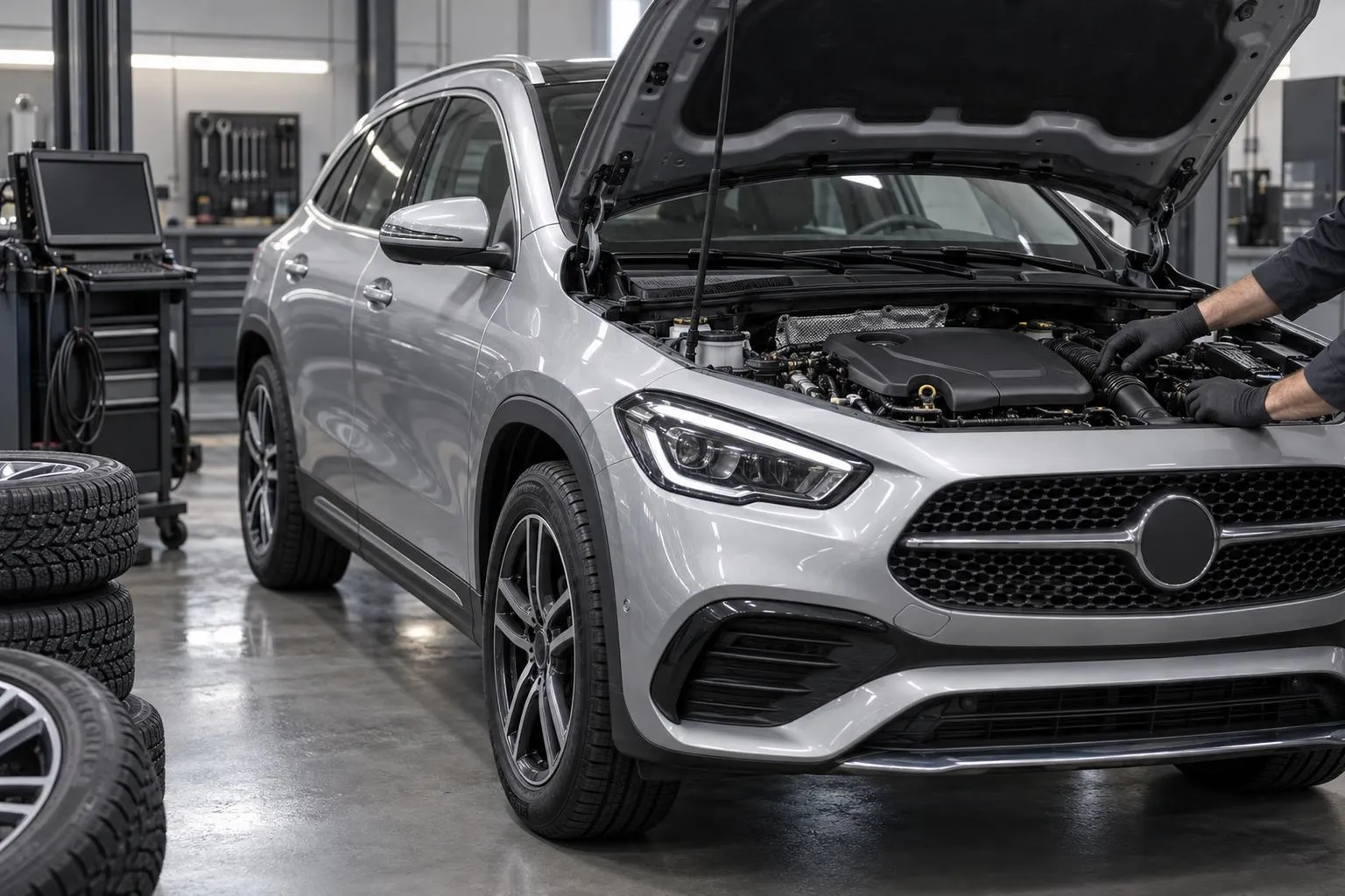 Компактный Mercedes-Benz GLA-Class без видимых эмблем стоит в сервисе с открытым капотом во время проверки двигателя перед покупкой.