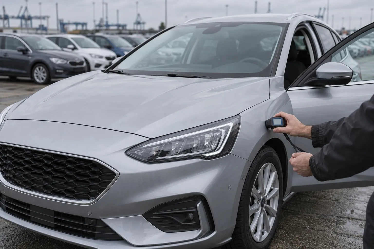 Ford Focus четвёртого поколения осматривают толщиномером на площадке импортных автомобилей перед покупкой.