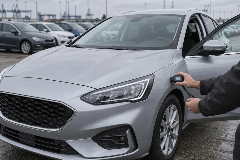 Ford Focus четвёртого поколения осматривают толщиномером на площадке импортных автомобилей перед покупкой.