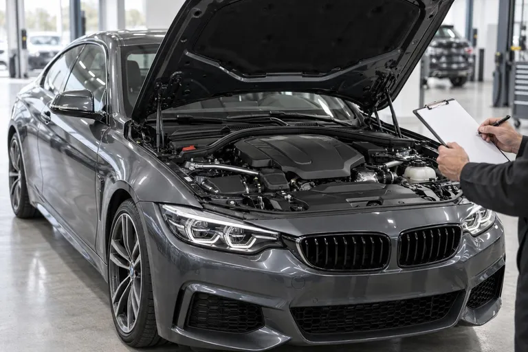BMW 4-Series с открытым капотом осматривают перед покупкой, сверяя состояние автомобиля по листу проверки.