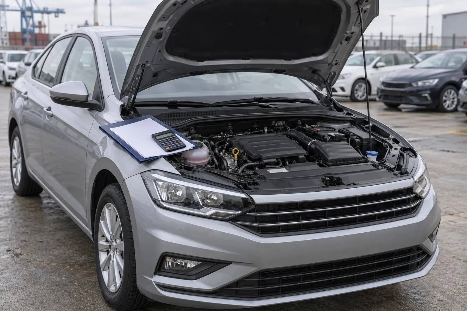 Volkswagen Polo с открытым капотом осматривают на площадке перед покупкой и привозом в Россию.