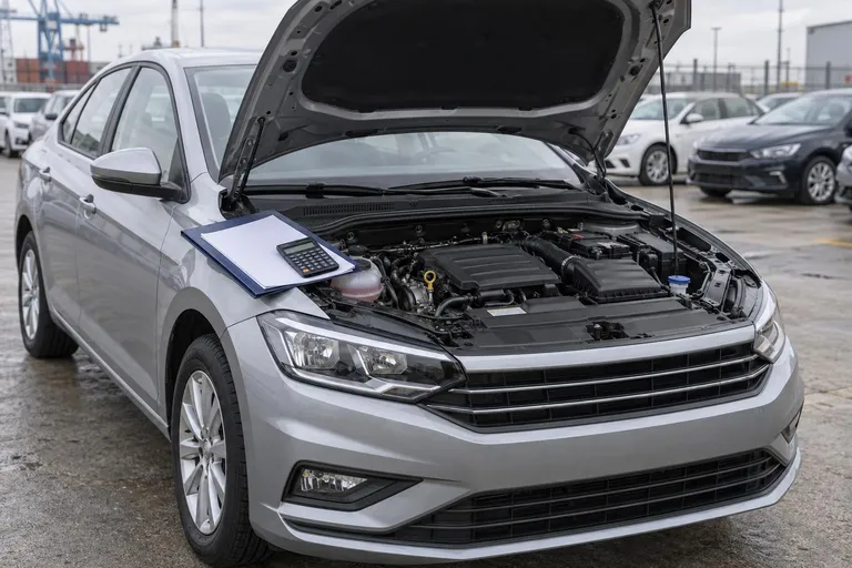 Volkswagen Polo с открытым капотом осматривают на площадке перед покупкой и привозом в Россию.