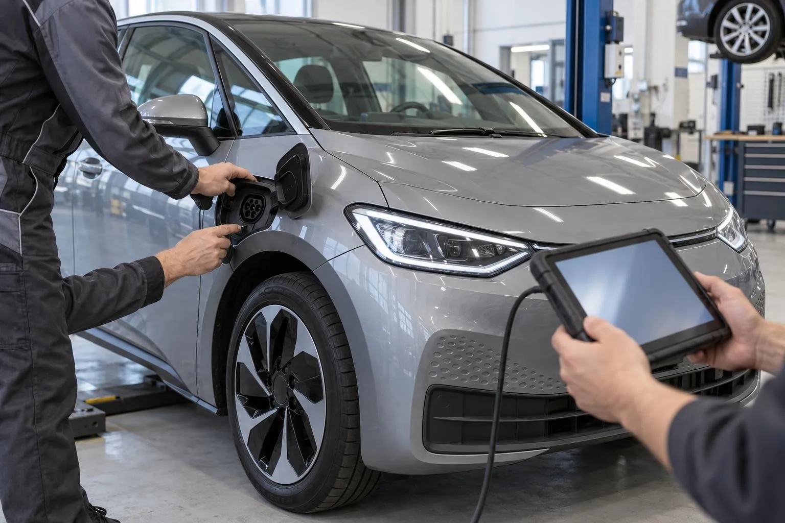 Подержанный Volkswagen ID.3 проверяют в сервисе перед покупкой с диагностическим планшетом у открытого зарядного порта.