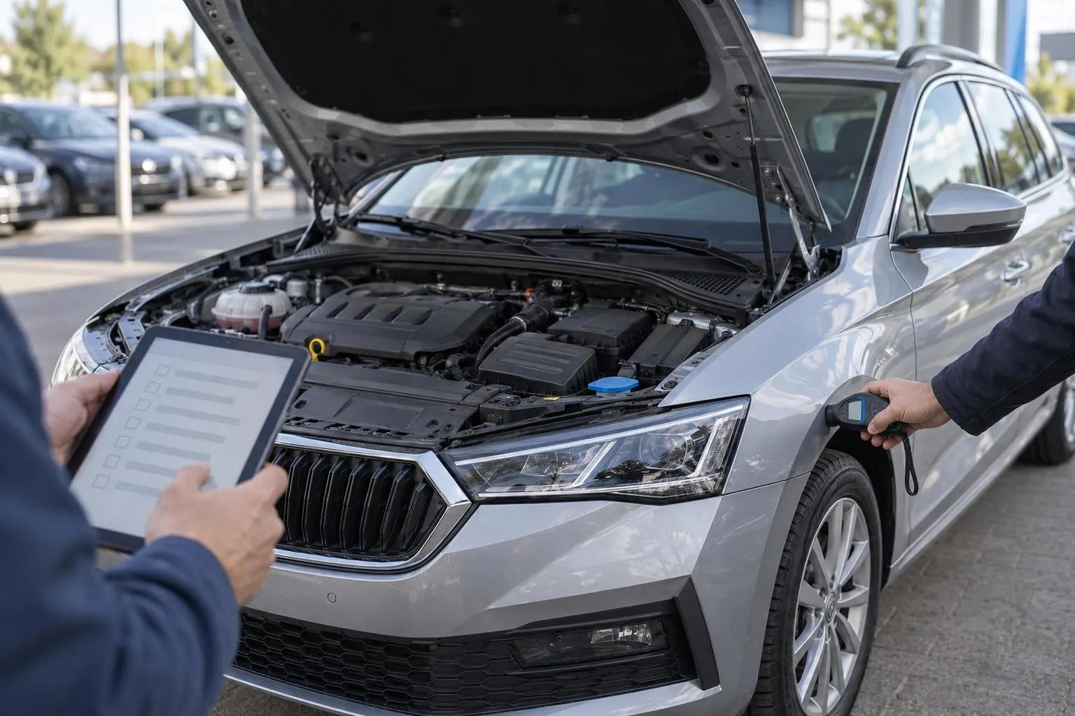 Skoda Octavia проверяют перед покупкой, сверяя состояние машины с инспекционным листом.