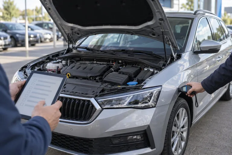 Skoda Octavia проверяют перед покупкой, сверяя состояние машины с инспекционным листом.