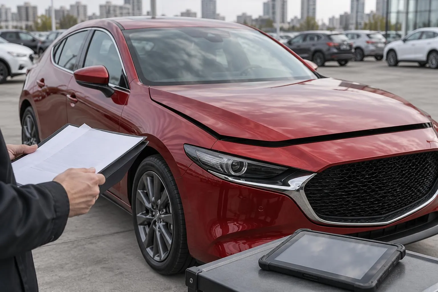 Mazda3 осматривают перед покупкой на автоплощадке, рядом видны документы и диагностический планшет.