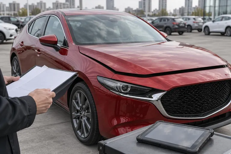 Mazda3 осматривают перед покупкой на автоплощадке, рядом видны документы и диагностический планшет.
