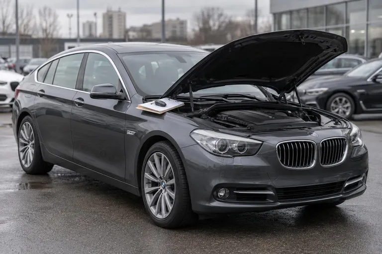 BMW 5-Series Gran Turismo на осмотре перед покупкой с открытым капотом и документами рядом.