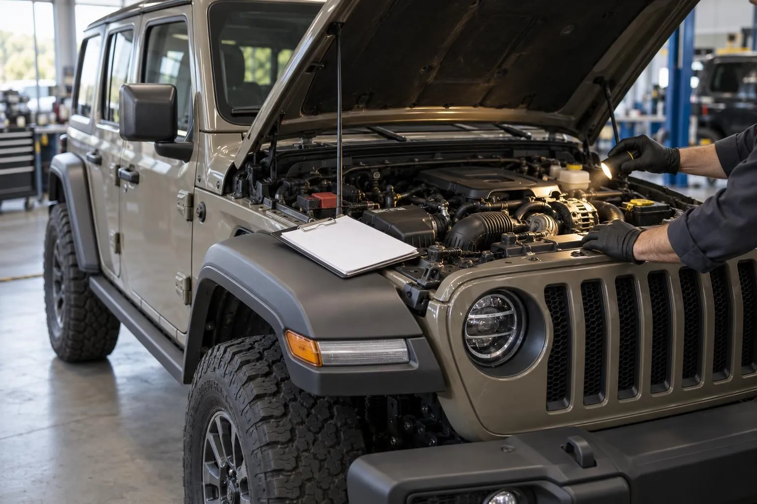 Jeep Wrangler с открытым капотом проходит техническую проверку перед покупкой.