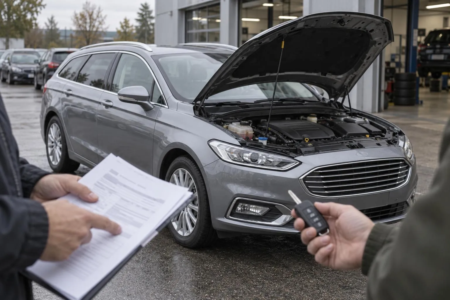 Подержанный Ford Mondeo на осмотре перед покупкой, рядом проверяют документы и ключ.
