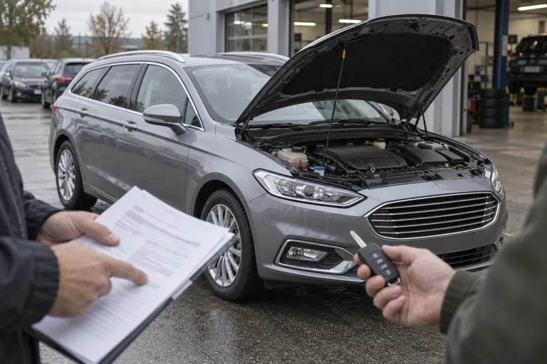 Подержанный Ford Mondeo на осмотре перед покупкой, рядом проверяют документы и ключ.