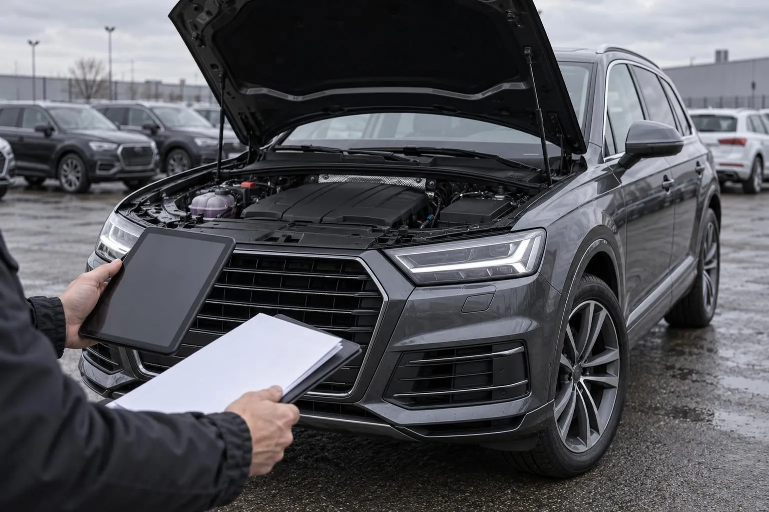 Audi Q7 на площадке привезённых автомобилей проверяют перед покупкой: открыт капот, рядом документы и диагностический планшет.