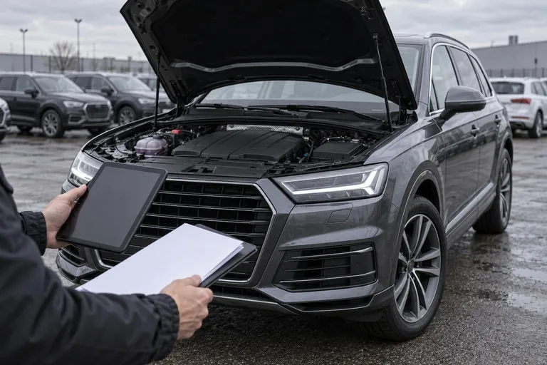 Audi Q7 на площадке привезённых автомобилей проверяют перед покупкой: открыт капот, рядом документы и диагностический планшет.