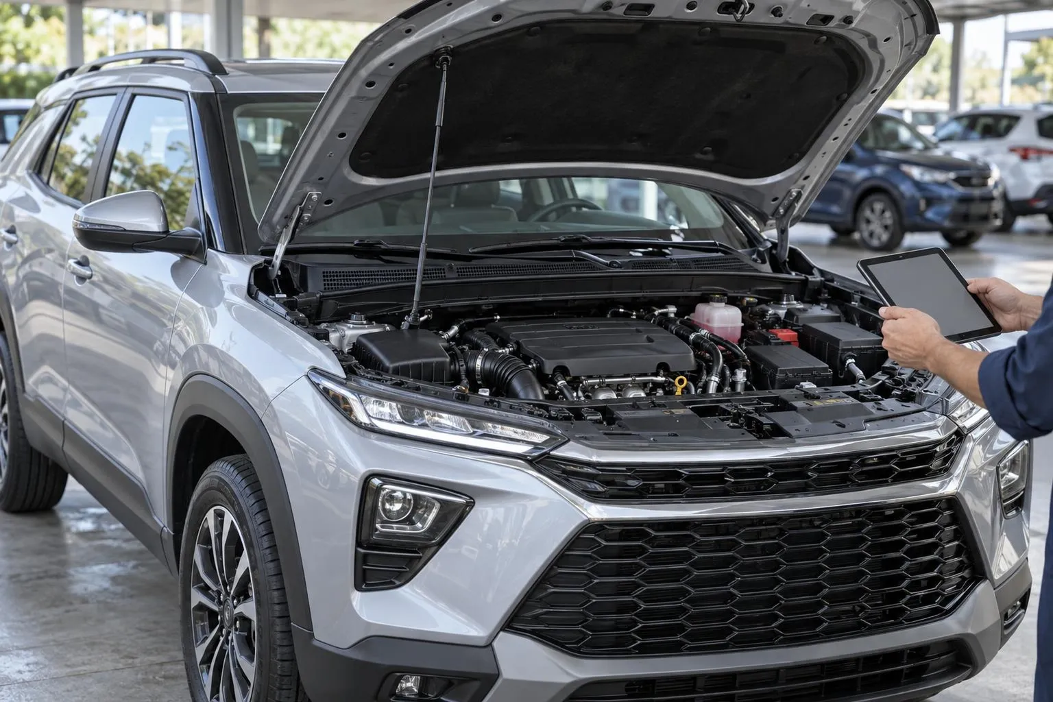 Chevrolet Trailblazer третьего поколения осматривают перед покупкой, уделяя внимание моторному отсеку и состоянию автомобиля.