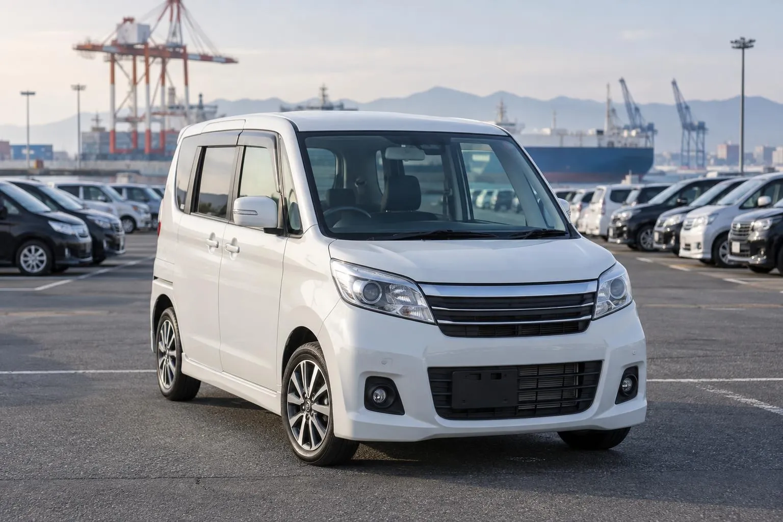 Компактный Suzuki Solio на площадке японского автоаукциона перед отправкой в Россию. Рядом видны ряды автомобилей без читаемых номеров и логотипов.