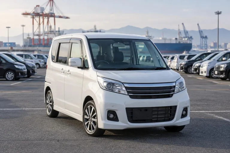 Компактный Suzuki Solio на площадке японского автоаукциона перед отправкой в Россию. Рядом видны ряды автомобилей без читаемых номеров и логотипов.