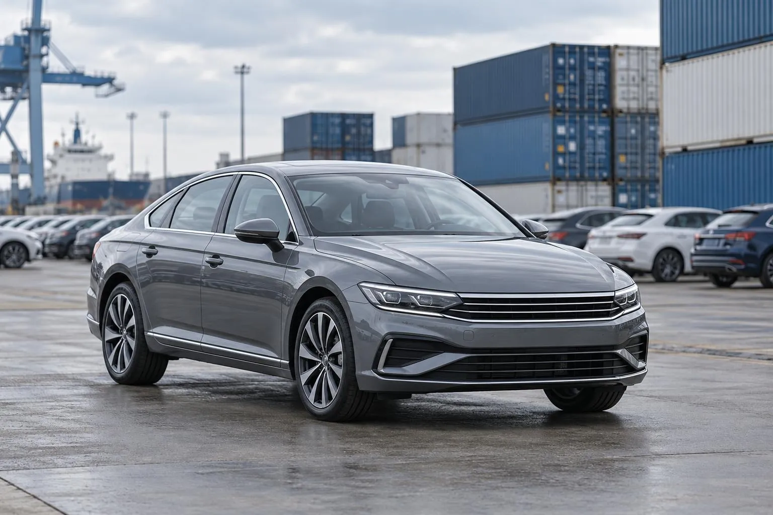 Современный седан Volkswagen Passat без видимых логотипов стоит на площадке перед отправкой, рядом видны контейнеры и автомобили. Сцена передаёт тему покупки и доставки автомобиля под заказ.