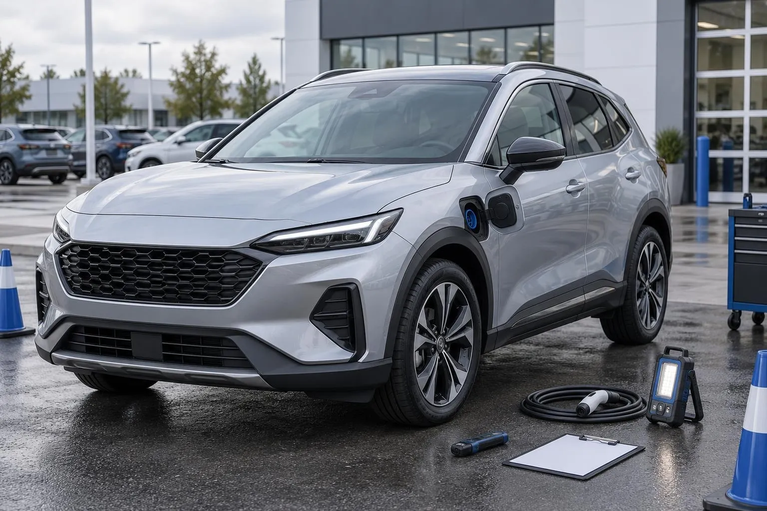 Современный кроссовер Changan Q05 на парковке у дилерского центра, рядом виден зарядный порт. Сцена подчёркивает выбор комплектации и проверку гибридного автомобиля перед покупкой.