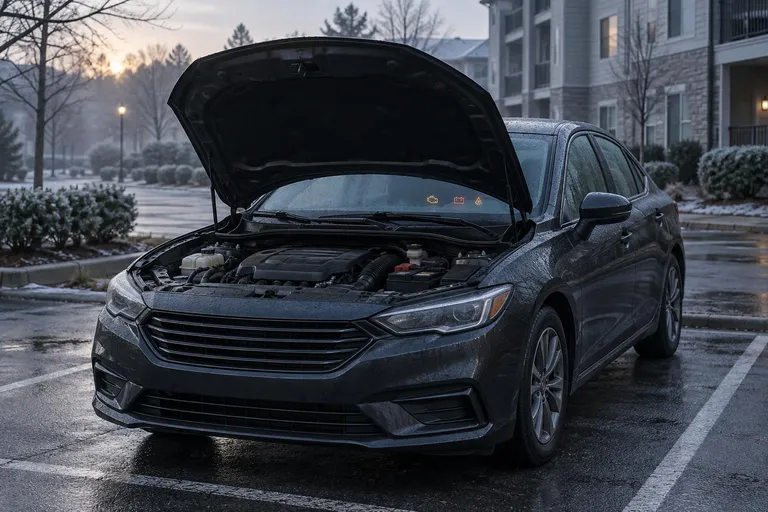 Автомобиль стоит на парковке с открытым капотом, на передней панели горят индикаторы, а водительская дверь приоткрыта. Сцена передаёт ситуацию, когда машина не заводится и владелец начинает диагностику.