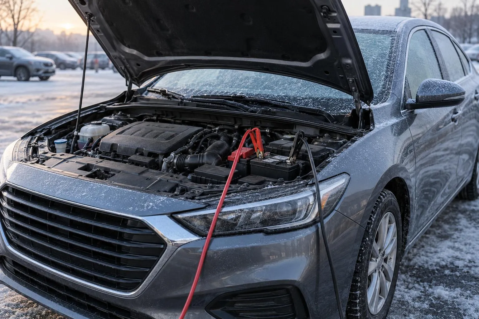 Автомобиль стоит на парковке с открытым капотом, рядом виден аккумулятор и пусковые провода. Сцена передаёт типичную ситуацию, когда машина не заводится и владелец проверяет стартер и питание.