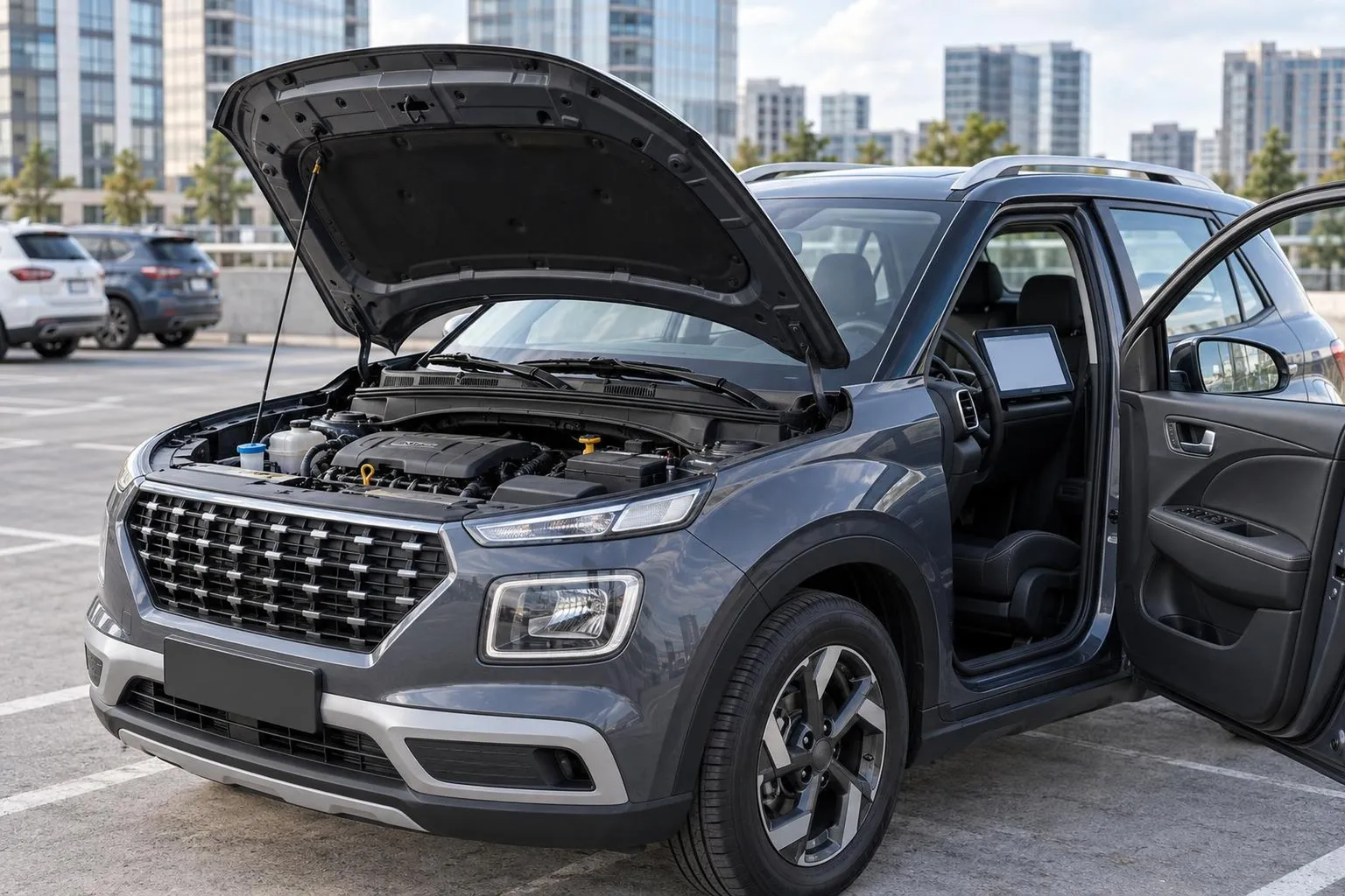 Hyundai Venue на городской парковке перед осмотром перед покупкой. Рядом видны открытый капот и диагностическое оборудование, акцент на проверке состояния автомобиля.