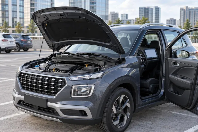 Hyundai Venue на городской парковке перед осмотром перед покупкой. Рядом видны открытый капот и диагностическое оборудование, акцент на проверке состояния автомобиля.