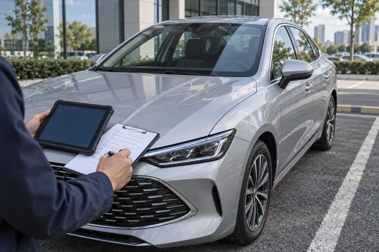 BYD QIN Plus стоит на городской парковке, рядом виден открытый планшет с проверкой автомобиля. Сцена передаёт выбор гибридного седана перед заказом из Китая.