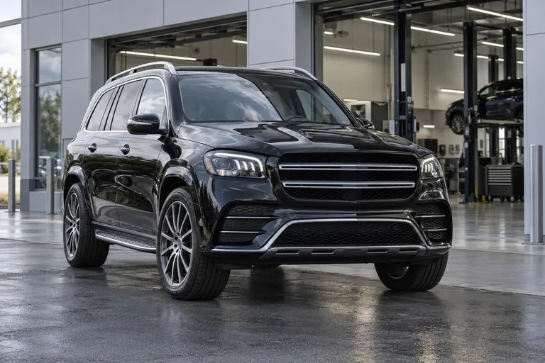 Большой премиальный SUV стоит на площадке перед предпродажной проверкой. Кадр подчёркивает тему выбора Mercedes-Benz GLS-Class для привоза под заказ.