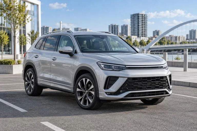 Volkswagen Tayron стоит на городской парковке перед выездом на дорогу. Кадр показывает кроссовер как автомобиль для выбора и привоза под заказ.
