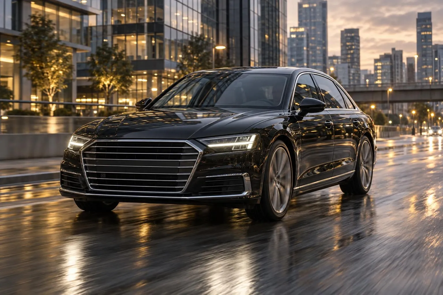 Чёрный представительский седан Audi A8 на городской дороге у делового квартала. Машина показана в движении в спокойной премиальной атмосфере.