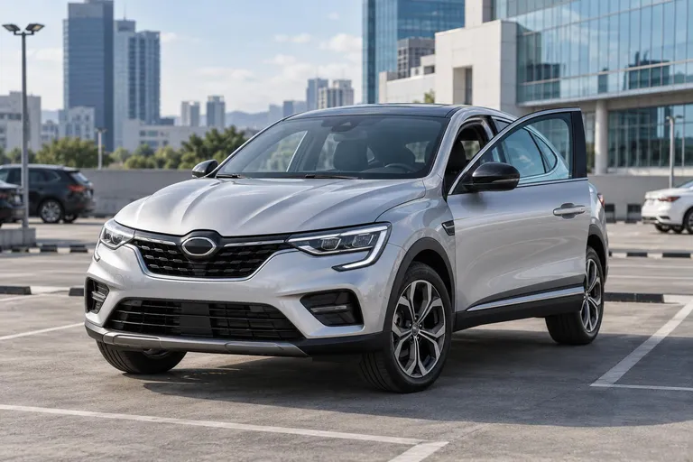 Renault Samsung XM3 на городской парковке перед осмотром перед покупкой. На переднем плане виден компактный SUV, рядом открыта водительская дверь и подготовлено место для проверки автомобиля.